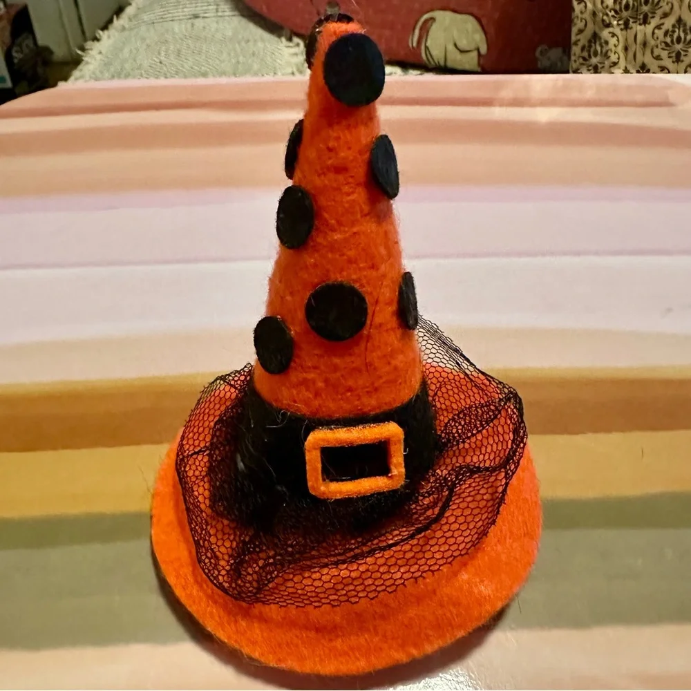 NEW Handcrafted Orange Witch Hat with Black Polka Dots Hair Clip